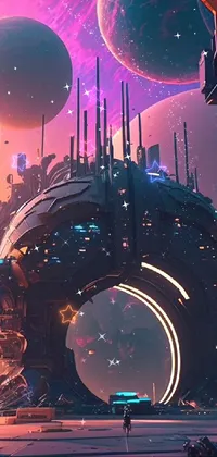 This vibrant phone live wallpaper depicts a futuristic space station against a backdrop of galaxies and planets