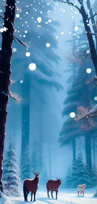 This phone live wallpaper showcases a serene winter scene with a herd of deer standing on top of a snow-covered forest