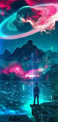 Experience the captivating beauty of this cyberpunk phone live wallpaper featuring a lone figure perched atop a mountain, next to a serene lake