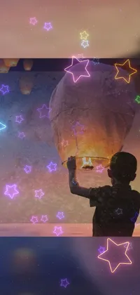 This phone live wallpaper showcases a stunning digital art illustration of someone holding a paper lantern in front of a colorful, star-filled sky