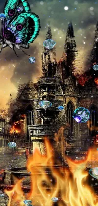 This stunning phone live wallpaper features a surrealistic castle on fire with a butterfly flying over it, set amidst a dark and moody Victorian cityscape