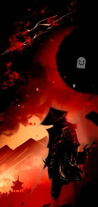 This stunning live wallpaper showcases a lone warrior standing on top of a hill, holding a traditional sword with a blood-red moon in the background