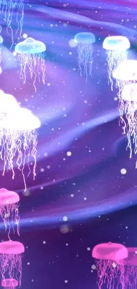 This live wallpaper features a group of jellyfish on a serene surface, surrounded by vivid horse-hair wig clouds and a beautiful, kawaii-inspired glow