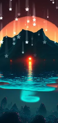 This phone live wallpaper showcases a tranquil sunset over a serene body of water as a mountain looms in the distance
