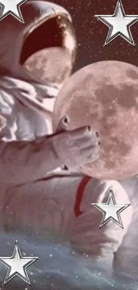 This dynamic phone live wallpaper showcases a space-themed illustration of an astronaut holding a glowing moon in the midst of a star-filled backdrop
