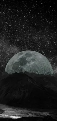 This captivating phone live wallpaper features a monochromatic image of a full moon set against stunning space-themed art