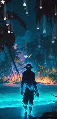 This live phone wallpaper showcases a man standing on the beach alongside palm trees, surrounded by cyberpunk and fantasy art elements