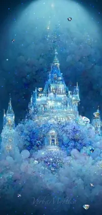 This live phone wallpaper showcases an exquisite painting of a castle surrounded by clouds in a fantasy, enchanted scene