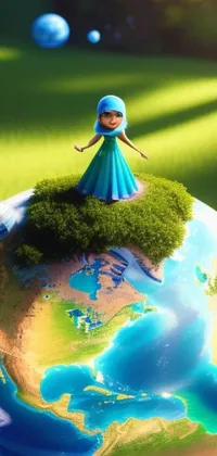 This stunning phone live wallpaper showcases a little girl standing on top of an Earth globe with an alien grassland terrain in the background