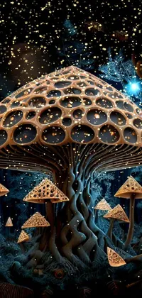 This mystical phone live wallpaper depicts a breathtaking group of mushrooms resting on a forest using intricate 3D fractal designs