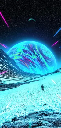 This phone live wallpaper depicts a man standing on a snow covered field against a digital art backdrop by an inspired artist
