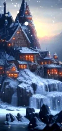 Step into a mystical world on your phone with a live wallpaper featuring a breathtakingly detailed castle atop a snow-covered mountain