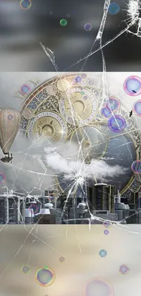 This phone live wallpaper features an otherworldly scene with bubbles floating amidst a surreal steampunk city background
