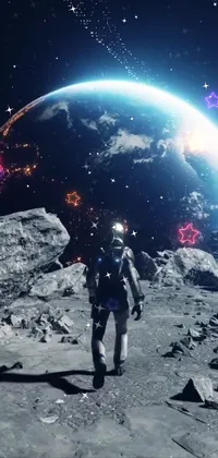 This live wallpaper features a CGI astronaut exploring the moon against a distant planet backdrop, complete with holographic images displaying constellations and galaxies