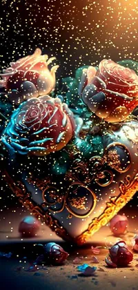This phone live wallpaper depicts a beautiful digital rendering of a vase filled with finely detailed red roses atop a table