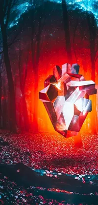 This phone live wallpaper depicts a stunning light sculpture amidst a forest, rendered low poly style