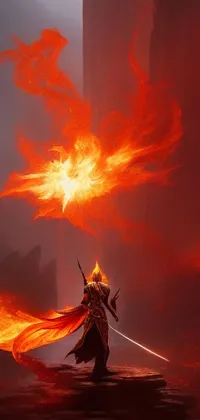 Enjoy a dynamic and epic fantasy atmosphere on your phone with this live wallpaper featuring a warrior standing atop a mountain with a sword