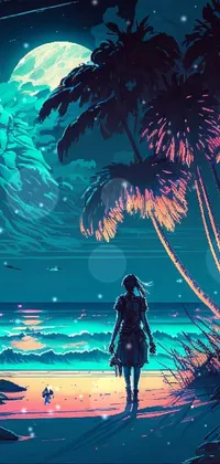 Enjoy a stunning live wallpaper featuring a tropical beach scene at night under the light of a full moon