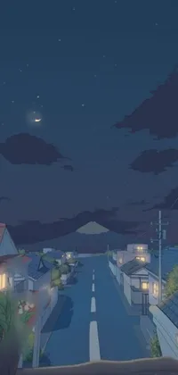 This phone live wallpaper depicts a picturesque city street at night with a beautiful full moon in the sky
