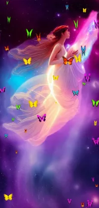 This stunning phone live wallpaper showcases a digital art creation of a beautiful woman flying through deep space