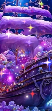 This live phone wallpaper is a mesmerizing fantasy scene featuring a ship on water, surrounded by purple sparkles inside a magical shop