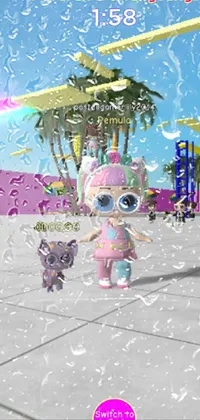 This phone live wallpaper showcases a colorful and playful virtual world with a cartoon character, a white cat in a pink dress