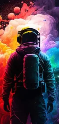 Experience the ultimate phone live wallpaper featuring an astronaut in a space suit standing in front of a vividly colored smoke cloud