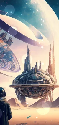 This phone live wallpaper features a futuristic scene depicting a man standing in front of a giant spaceship