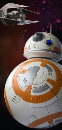 This phone live wallpaper features a close up of a Star Wars BB-8 robot on a galaxy looking background
