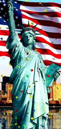 This live wallpaper features the Statue of Liberty holding the American flag against a backdrop of New York City