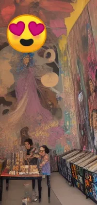 Immerse yourself in an eclectic live wallpaper for your phone, featuring a cozy room with two people, a psychedelic album cover, and striking imagery of a dilapidated library and Mexican muralism