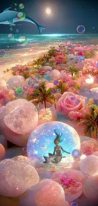 This phone live wallpaper features a tropical paradise filled with stunning colors of pink, white, and turquoise