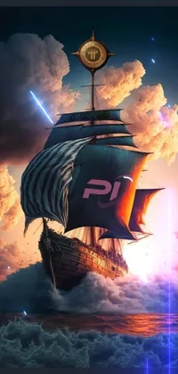 This dynamic phone live wallpaper showcases a pirate ship standing out in a vast stretch of blue water