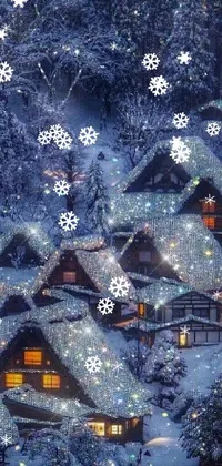 This phone live wallpaper features a snow-covered village nestled in a forest, with a winter wonderland inspired by Japanese art