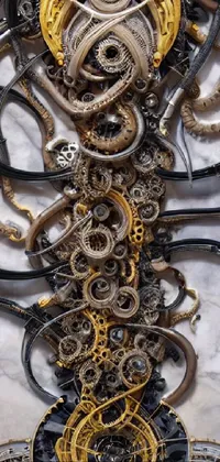This live wallpaper for your phone depicts a clock on a marble surface surrounded by coiled serpents, twisted pipes, and bone jewelry