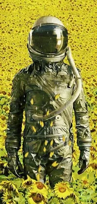 This phone live wallpaper features an astronaut standing in a field of sunflowers, set against a beautiful sunrise or sunset