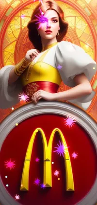 This phone live wallpaper features a captivating portrait of a woman posed in front of a McDonald's sign