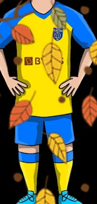 This mobile wallpaper showcases a soccer player standing confidently with hands on hips, dressed in a unique costume made of autumn leaves