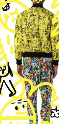 This animated phone wallpaper features a colorful cartoon figure wearing a yellow jacket and bright pants inspired by contemporary art styles