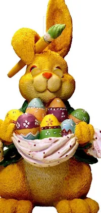 Get into the Easter spirit with this adorable live wallpaper featuring a figurine of an Easter bunny holding a basket of eggs