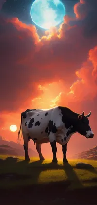 Cow at Sunset Under Sun and Moon Live Wallpaper