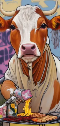 Graffiti of a Cow Cooking a Barbecue Live Wallpaper