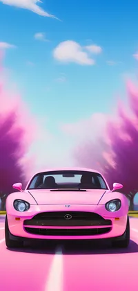Pink Car on Road between Trees Live Wallpaper