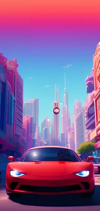 Red Car Front in the City Live Wallpaper