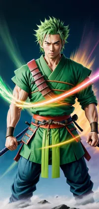 Imposing Green Warrior in Neon Lines Anime Live Wallpaper