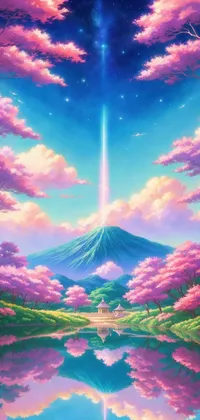 Reimagined Mount Fuji near Lake and Sakura Trees Anime Live Wallpaper