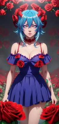 Fabulous Girl in Blue Dress with Roses Anime Live Wallpaper