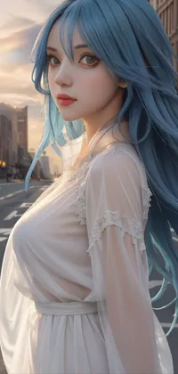 Blue-haired Anime City Girl in White Dress Live Wallpaper