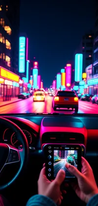 Car Drive Through Neon City Streets Live Wallpaper