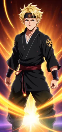 Blonde Male Warrior in Black Kimono Anime Live Wallpaper